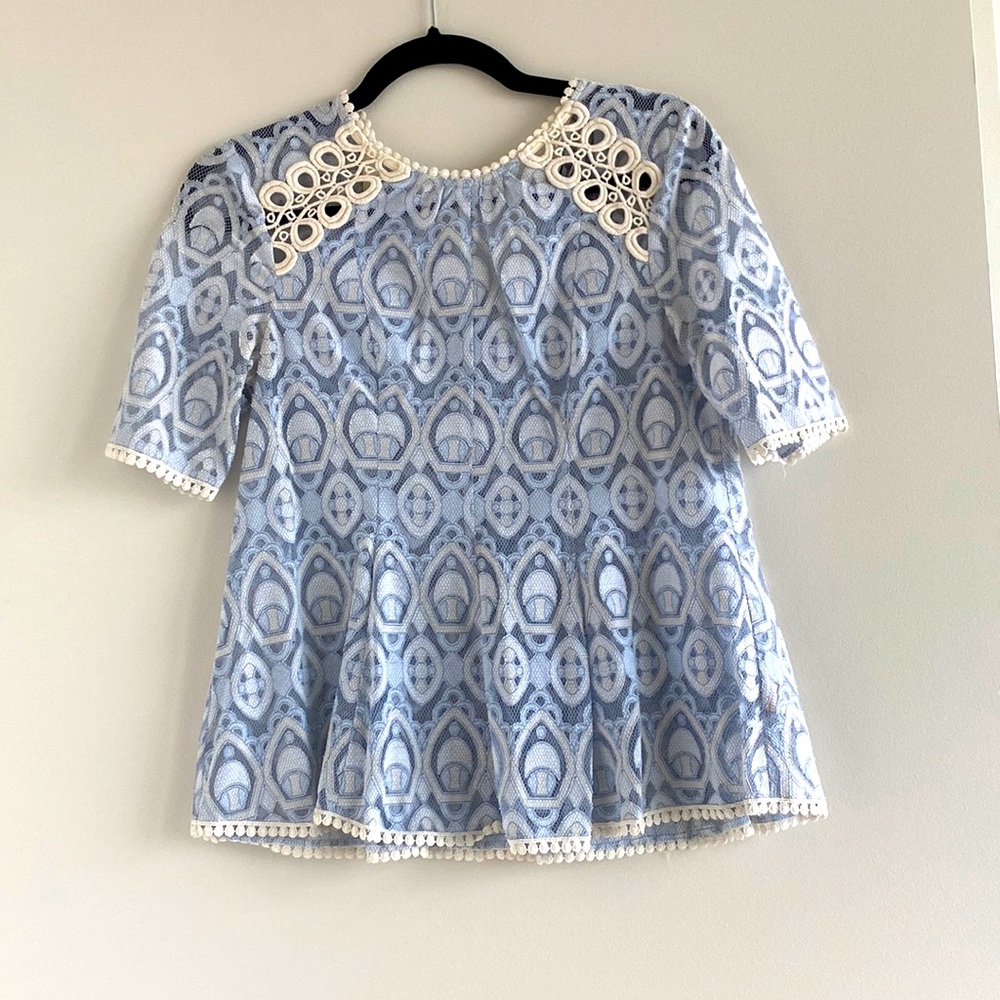 Anthropologie Blue and White Lace-Trim Peplum Blouse